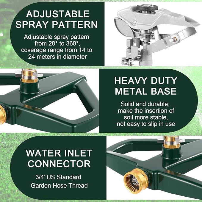 3 Sets Rotating 360 Degree Swivel Garden Sprinkler Pulsating Impact Sprinkler with Metal Base, Heavy Duty Adjustable Garden Hose Sprinklers System for Large Area Lawn Yard(Large Head)