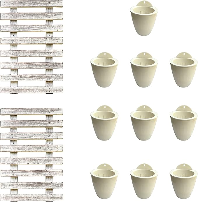 ShopLaLa Bundle- 4" White Self Watering Plastic Pots x 10 Pack + White Wooden Hanging Planters x 2 Pack Vertical Wall Mounted Pot Holder Indoor Plants Modern Hydroponic Herb Succolent Garden LaLaGreen