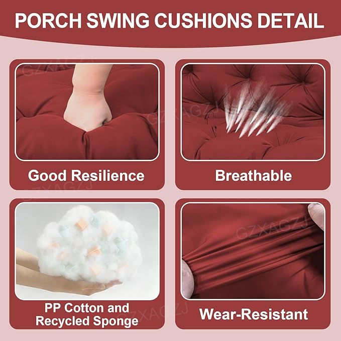 Porch Swing Cushions Outdoor 48 inch Waterproof Swing Cushion 3 Seater Replacement with Backrest and Ties Thicken 5" Bench Swing Cushions for Outdoor Furniture Patio(Wine Red48x40x5inch)