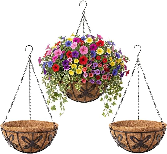 3 Pack Hanging Baskets for Plants Outdoor 14 Inch Butterfly Metal Hanging Planters with Coco Coir Liner, Round Hanging Flower Basket for Home Garden Patio Balcony Porch