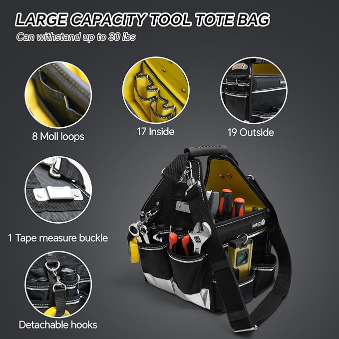 MARUTAI 10'' Small Tool Tote Bag, 43 Pockets Open Tool Bag, Tool Tote with Adjustable Straps and Waterproof, Tool Organizer Fits in All Cars/Trucks/Vans/Motorcycle