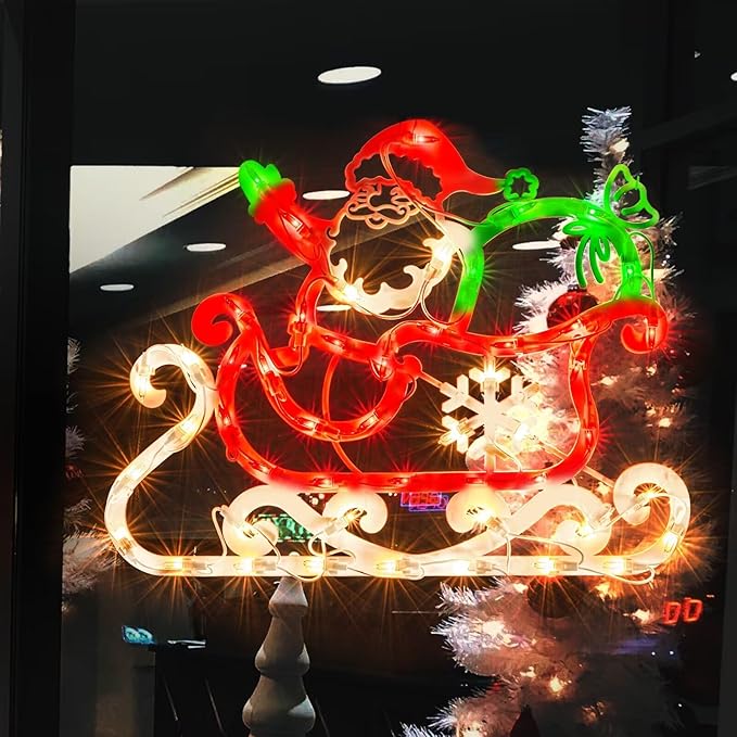Christmas Window Silhouette Lights, Lighted Santa and Sleigh Double Sided Decorations with 50 Count Incandescent Mini Light for Holiday Indoor Wall Door Glass Decor