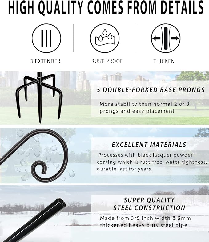 Artigarden Outdoor Shepherd Hooks 108 inch Tall for Bird Feeder (2 Packs), Adjustable Metal Garden Poles for Hanging Plants Solar Light Lantern, Bright Black