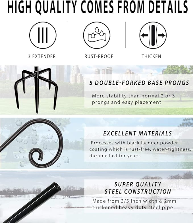 Artigarden Outdoor Shepherd Hooks 60 inch Tall for Bird Feeder (2 Packs), Adjustable Metal Garden Poles for Hanging Plants Solar Light Lantern, Bright Black
