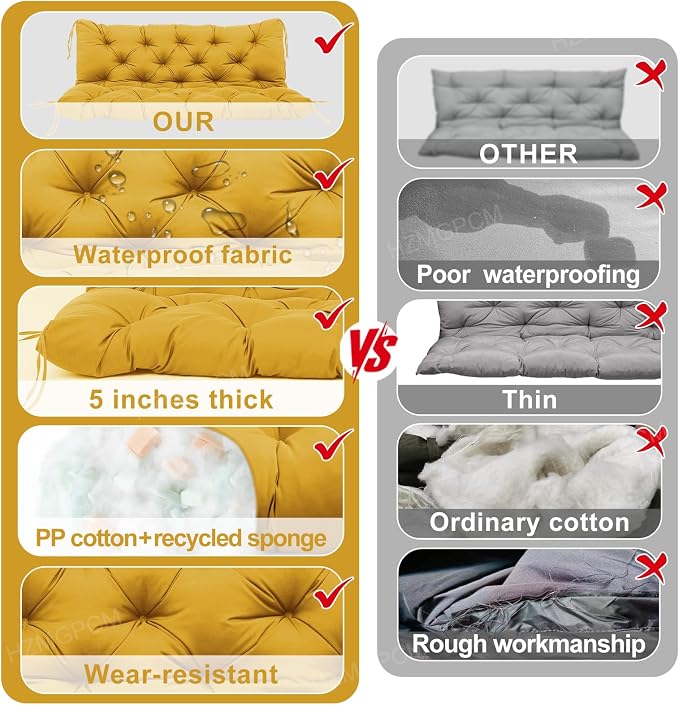 Premium 5" Thick Waterproof Outdoor Swing Cushions Sturdy Durable 2-3 Seat Replacement Porch Swing Cushions with Backrest&Ties Bench Cushion for Outdoor Furniture Backyard Patio (Yellow)