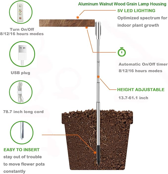 Plant Grow Light,yadoker LED Growing Light Full Spectrum for Indoor Plants,Aluminum Walnut Wood Grain Plant Lights,Height Adjustable, Automatic Timer, 5V Low Safe Voltage,Idea for Large