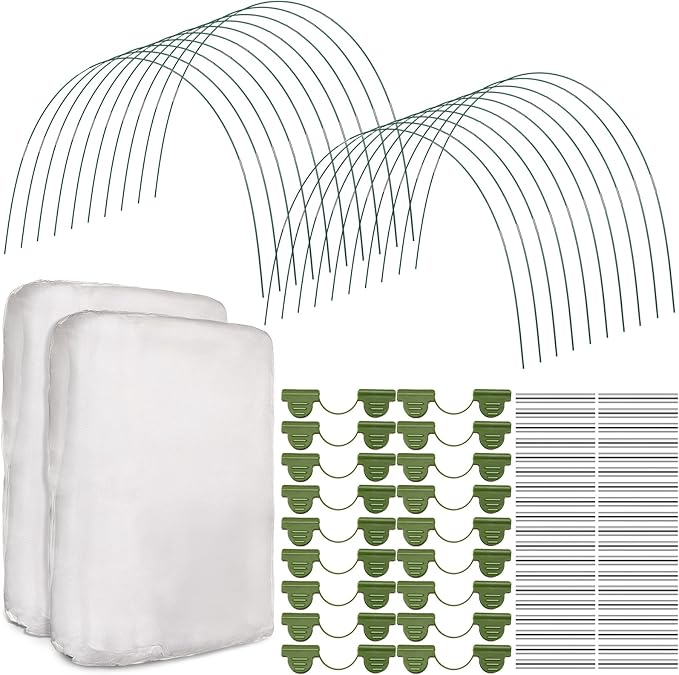 Woanger 2 Set Garden Netting Kit for Raised Beds Ultra Fine Mesh Netting with 100 Hoops 72 Clips 80 Connectors for Garden Row Cover Vegetable Flowers Protection Barrier Plant Covers(10 x 33 ft)