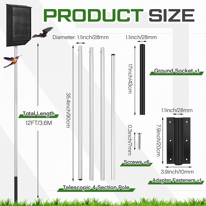 Yaocom 12 FT Telescoping Purple Martin House Pole,Aluminum Bat House Kit with Ground Socket, Adjustable Heavy Duty 4-Section Round Pole, Purple Martin Bird Accessories for Outdoors (Silver)
