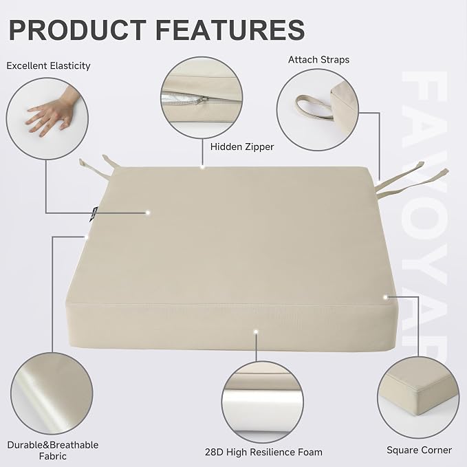 Favoyard Patio Chair Cushions 20 x 20 x 3 Inch Waterproof Outdoor Seat Cushions for Patio Furniture 3-Year Color Fastness Garden Sofa Couch Chair Pads with Handle & Adjustable Straps Set of 2, Beige