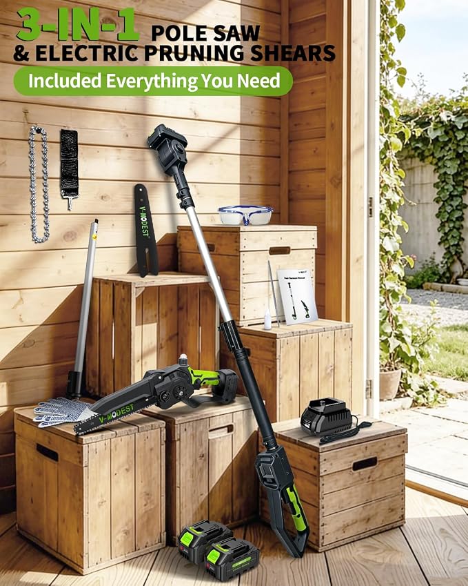 3-IN-1 Electric Pole Saws for Tree Trimming, 8&6 Inch Mini Chainsaw with Extension Pole, 2 * 4.0Ah Battery Powered Pole Chain Saw, Cordless Tree Trimmer Brushless 15ft Max Reach Branch Cutter Pruner