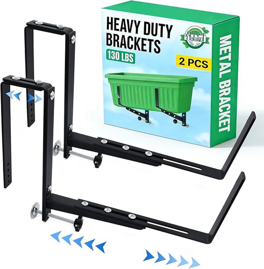 Halatool Window Box Brackets, 2 Pack Adjustable Flower Planter Box Brackets, Heavy Duty No Drill Window Box Brackets with 75 lb Capacity for Outdoor Railings, Balcony, Porch, Fence, and Garden
