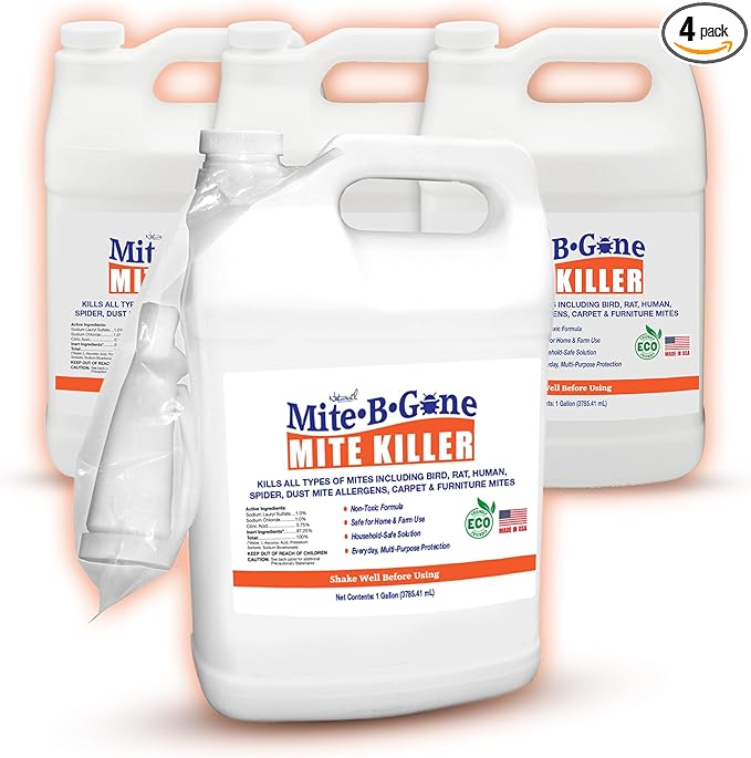 Mite Killer Treatment Spray Pack by Mite-B-Gone - Naturally Kills All Types of Mites, Human, Dust, Spider, Rat, Carpet & Bird Mites | Family & Pet Friendly | 1 Gal 4-Pack