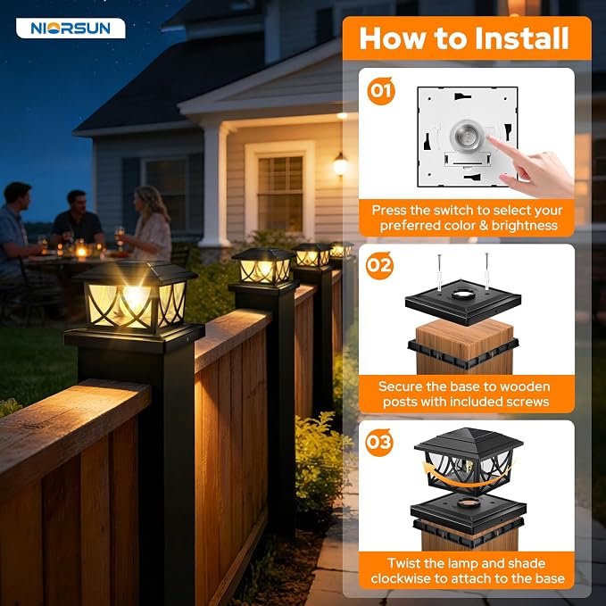 NIORSUN Solar Post Lights Outdoor, Fence Post Solar Lights with 3 Color Temps &2 Brightnesses, Edison LED Bulbs Fence Deck Decor, 4x4 Posts Caps, 4x4 &5x5 Vinyl, 4x4 &6x6 Wooden (4 Pack,Black)
