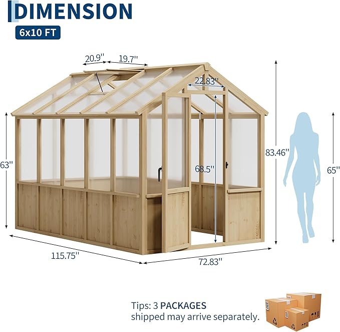6x10 FT Greenhouse - Large Wooden Greenhouses for Outdoors, Heavy Duty Spruce Frame Greenhouse with PC Panels, Adjustable Roof Vents & Lockable Door, Walk-in Green Houses for Garden, Backyard, Patio