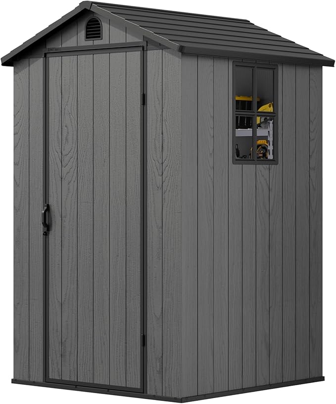 Greesum 4x4FT Plastic Storage Shed with Floor, Resin Outdoor Storaged Sheds with Lockable Door, All Weather Durable Tool Shed with Window and Vent, for Garden, Patio, Backyard, Dark Gray
