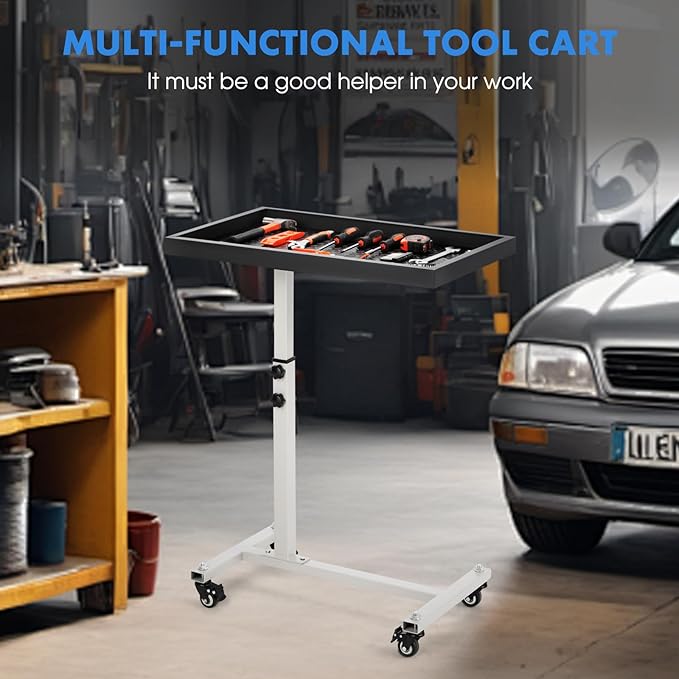 OLBRUS Adjustable Work Table with Wheels, Mechanic Rolling Tool Tray Table for Garage Repair Shops DIY, 220LBS Capacity Mobile Heavy Duty Steel Tool Cart (Gray)