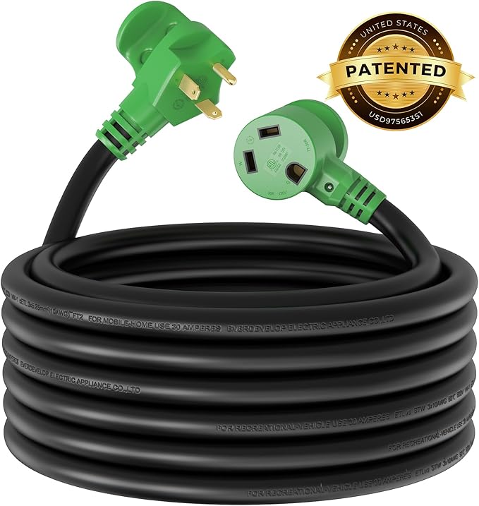 RVMATE 30 Amp 50 Feet RV Power Extension Cord with Easy Plug-in Handle, TT-30P to TT-30R, LED Indicator, 10 AWG, ETL Listed