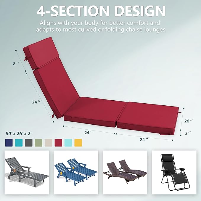 80 x 26 Inch Outdoor Chaise Lounge Cushion - Removable Cover, 4-Section Design, Water-Repellent & Fade-Resistant, 6 Tie Straps, Replacement for Patio & Pool Chairs - Burgundy