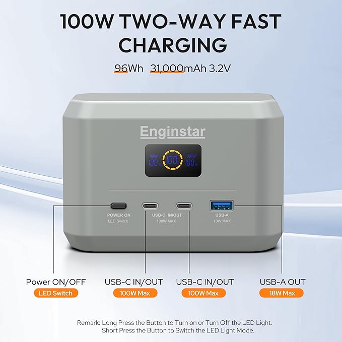 Enginstar Portable Power Station,Outdoor 96Wh LiFePO4 Battery,Solar Generator 100W Two-Way Fast Charging,Power bank for Camping, Traveling, Party and Emergencies