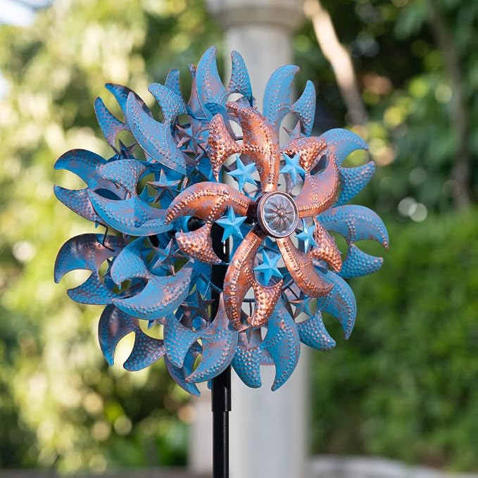 Wind Spinner Outdoor,Blue Copper Kinetic Metal Wind Spinner for Yard,Rustproof＆Waterproof Wind Sculpture,Metal Pinwheels for Yard Lawn Yard Art Outdoor Decor 13 * 66.2 inches