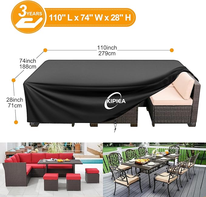 Kipiea Outdoor Furniture Covers Waterproof, 420D Heavy-Duty Patio Furniture Set Covers, No Tears Anti UV No Fading (110" L x 74" W x 28" H)