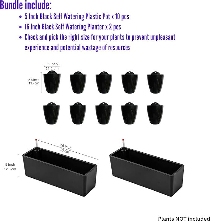 LaLaGreen Bundle- 2-Pack, 16 Inch Rectangular Self Watering Planter + 10-Pack, 5 Inch Black Self Watering Plastic Pot Decorative Eco Living Wall Mount Hanging Garden Windowsill Herb Boxes Indoor Home