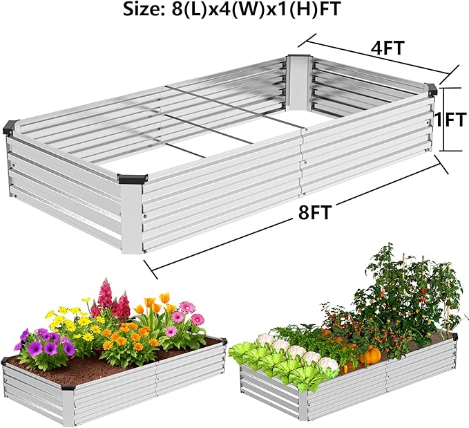 2 Pack 8x4x1FT Galvanized Metal Raised Garden Bed Kit for Vegetables, Herbs, Open-Bottom Large Capacity Outdoor Planter Box Gardening Stakes, Silver