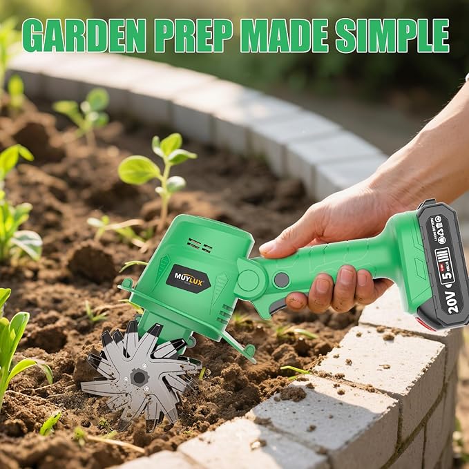 20V Cordless Tiller Cultivator for Gardening, Electric Garden Tiller with Only 1 x 2.0Ah Battery & Charger, Garden Rototiller for Lawn Gardening Soil Cultivation