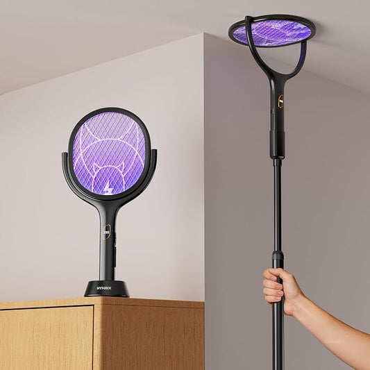 Nymrix Electric Fly Swatter Racket with Rotating Head & Telescopic Handle, 2-in-1 Bug Zapper, 4100V Rechargeable Mosquito Killer with 2600 mAh Battery for Indoor & Outdoor Use (Black,2 Pack)