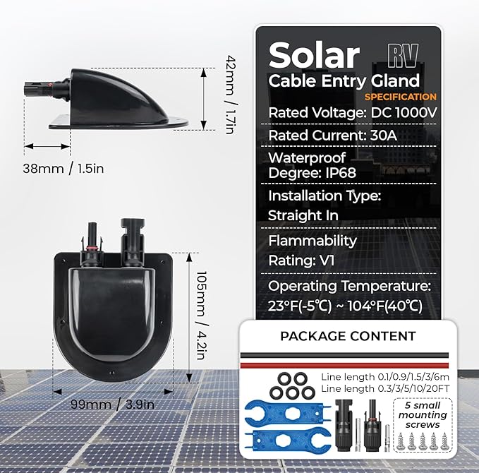 Solar Cable Entry Gland with 10AWG Solar Cable and Solar Connector UV Resistance Dual Cable Entry Housing for Solar RV Boats Yacht Roofs (Black 3FT)