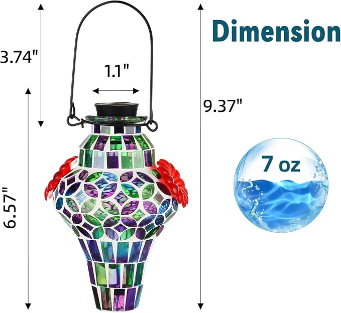 VOREEN Mosaic Glass Hummingbird Feeders for Outdoors Hanging, Hand Blown Hummingbird Feeders, Porch Garden Backyard Decor, Decorative Gift for Mom Wife Friend, 2pcs, Blue and Purple