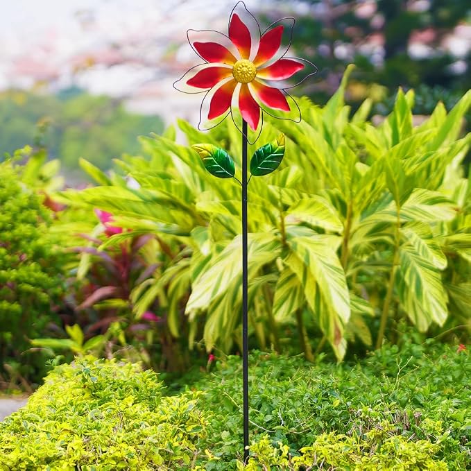 Wind Spinner Outdoor,14’’ Dia Red Flower Shape Garden Pinwheels Spinners,Waterproof Windmill for Yard Lawn Patio Decor