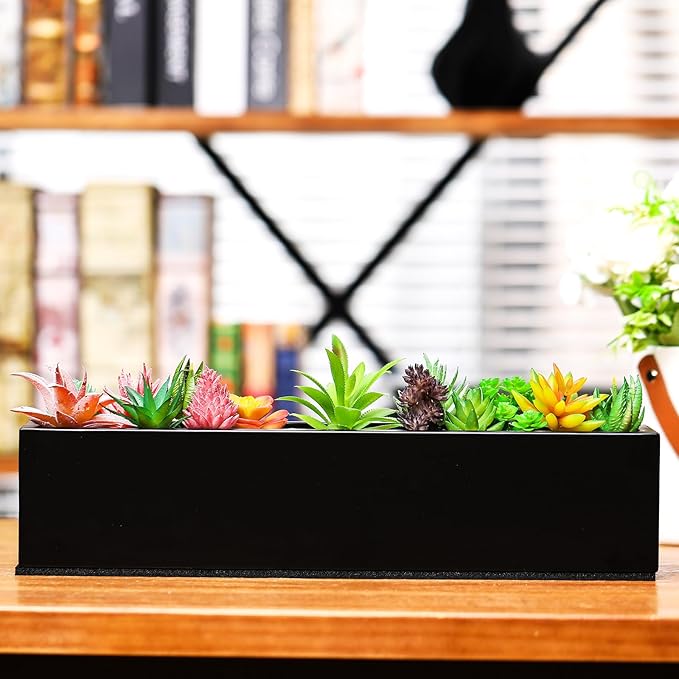 FillTouch 1 Pcs Long Rectangular Planter Box Window Sill Plant Box Metal Water Trough Indoor Large Modern Steel with Drainage Holes Herb Garden Home (16.1 x 3.2 x 3.5 Inch,Black)