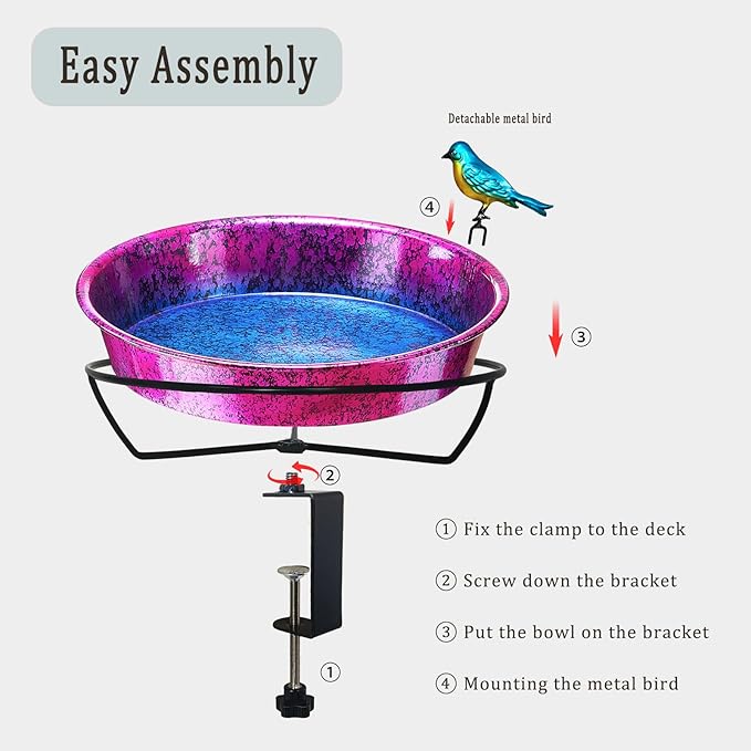 Metal Deck Bird Bath for Balcony Railing, Metallic Purple & Blue 11.5” Bathing Bowl & Feeder with Adjustable Steel Clamp Outdoor Garden Decor Yard Art (0.7 Gallon)