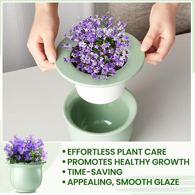 Suclain 2 Pack Ceramic African Violet Pots Self Watering Plant Pot Effortless Self Watering Plant Flower for Busy Lovers, Indoor(Green,6.5 Inch)