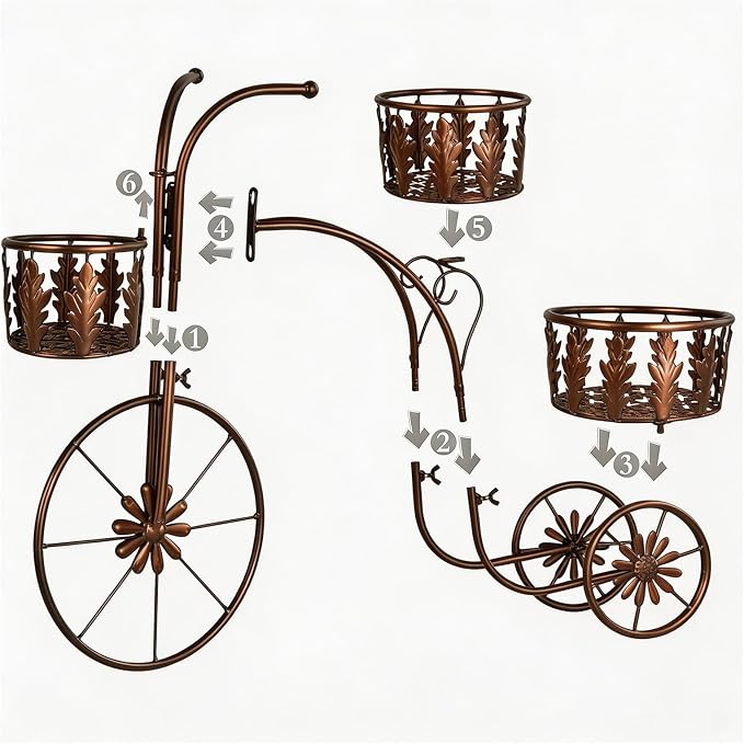 Metal Bicycle Planter Stand, 3 Tier Flower Pot Stand Cart with 3 Plant Buckets, Outdoor Garden Decorative Planter for Yard Patio Lawn Flower Shop Home Decor (Bronze)