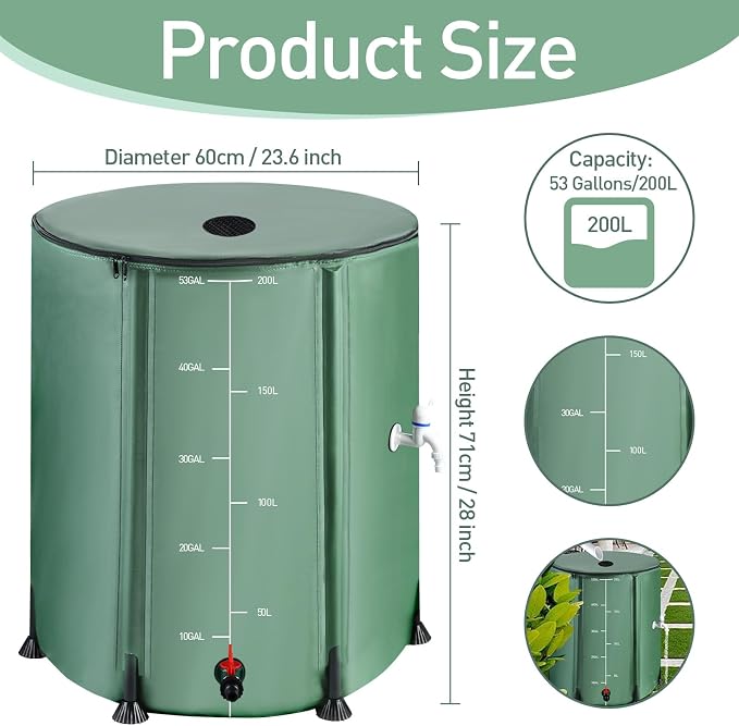 53 Gallon Collapsible Rain Barrel with Zipper Open and 12 Poles | 200L Protable Rainwater Collection System Kit,1000D Oxford,Rain Catcher Barrel for Outdoor Garden Camping