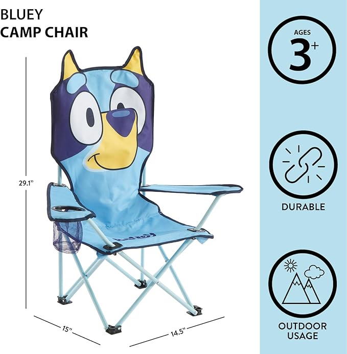 Bluey Kids Folding Camp Chair, Portable Outdoor/Indoor Chair with Carry Bag, Cup Holder, High Back, Lightweight & Durable for Ages 3+