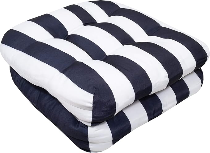 Sweet Home Collection Patio Cushions Outdoor Chair Pads Premium Comfortable Thick Fiber Fill Tufted 19" x 19" Seat Cover, 2 Count (Pack of 1), Havana Navy/White
