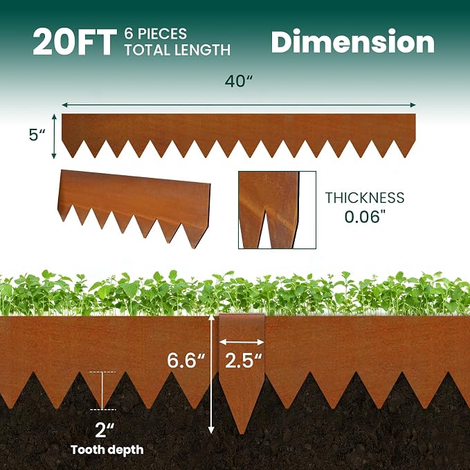 Corten Steel Landscape Edging 5" H x 40" L Metal Garden Edging, Thickened Metal Landscape Edging, 6 Pack Hammer-in Pre-Rusted Steel Landscaping Edging with 6 Clips for Lawn Yard (20Ft Total)