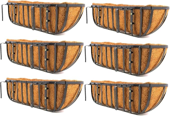 Window Box Planters with Coco Liners, Rustproof Metal Hanging Flower Boxes for Outdoor Railing, Fence and Window Sill (36Inch/6PACKS)