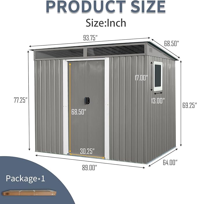 YOPTO 8FT x 6FT Outdoor Metal Storage with Window,Lockable Sliding Doors and Transparent Plate,Waterproof Cabinet w/Ventilation & Foundation,Garden Organizer Tool House for Backyard Patio,Gray
