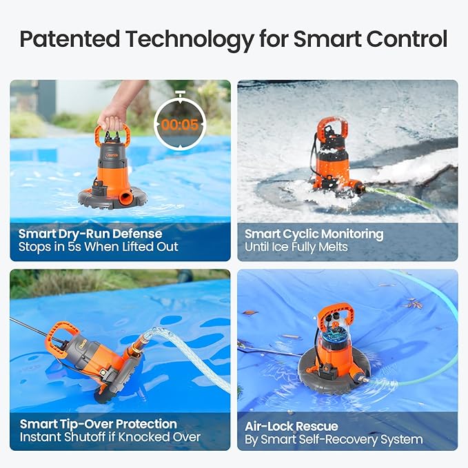 Cleartide Smart Automatic Pool Cover Pump, 1/3 HP 2790 GPH with Auto On/Off & Freeze Protection, Pump for Inground/Above Ground Winter Pool Covers, Dual Mode, 25ft Cord, 120V AC