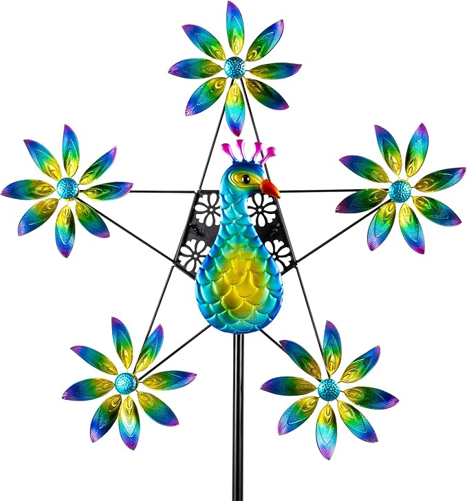 Peacock Wind Spinner with Colorful Flowers, 24.4" D*74" H Large Garden Wind Sculpture, Metal Peacock Decor Kinetic Sculpture for Garden Yard Patio