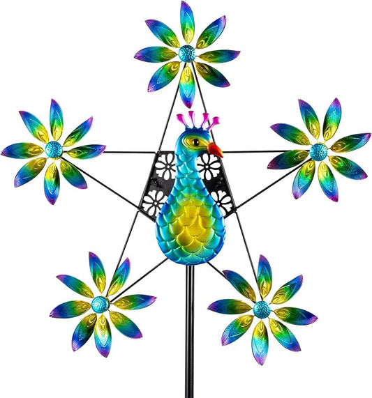 Peacock Wind Spinner with Colorful Flowers, 24.4" D*74" H Large Garden Wind Sculpture, Metal Peacock Decor Kinetic Sculpture for Garden Yard Patio