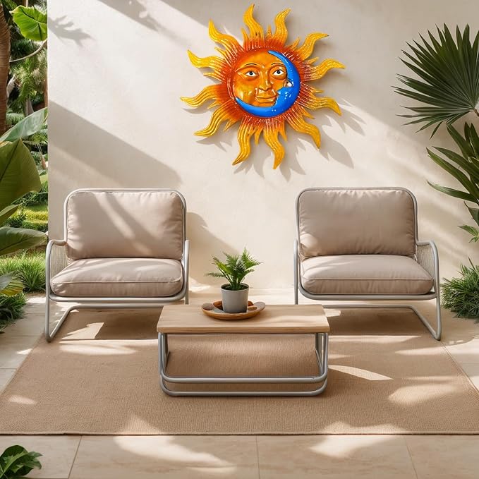 25.7'' Large Size Metal Sun Outdoor Wall Art Decor, Sun&Moon Outside Metal Art Rust Proof Wall Sculpture, Ideal for for Yard, Bedroom, Patio, Garden, Fence, Deck Pool Home and Farmhouse (Large sun)