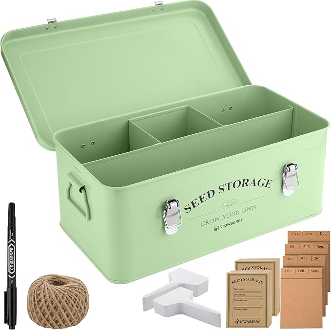 Seed Storage Box Organiser – Green Garden Seeds Tin with Lid, Side Handles, 4 Compartments & Safety Lock – Seed Packet Container for Gardeners – Gardening Gift Idea with Over 200 Accessories