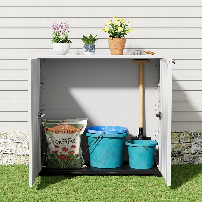 KINYING Outdoor Storage Cabinet Waterproof, 60 Gallon Resin Outdoor Storage Shed for Patio/Garden/Backyard, Outdoor Storage Box for Cushions,Garden Tools and Pool Supplies(White W/O Shelving)