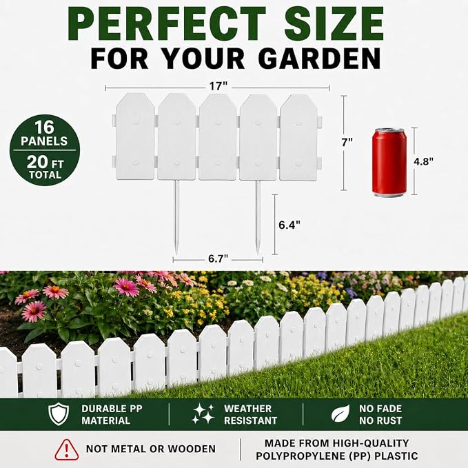 Evelyne Garden Border Edging: Wooden Grain Fence Dog Ear Design - Landscaping Fence Liner Lawn Edge Barrier - Decorative Lawn Landscape Panels Elements -Landscaping Edging (White, 20ft.)