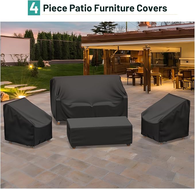 Mrrihand Patio Furniture Covers, 4 Piece Outdoor Furniture Cover Waterproof includ Ourdoor Sofa Cover, 2 Chair Covers, Coffee Table Cover with Windproof Buckle Strap and Adjustable Drawstring